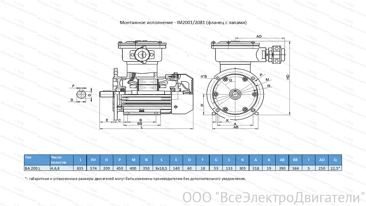Электродвигатель ЭЛМАШ ВА 200 L6 IM2081 1ExdIIBT4 У2 Б01 (30 кВт 1000 об/мин)2002455